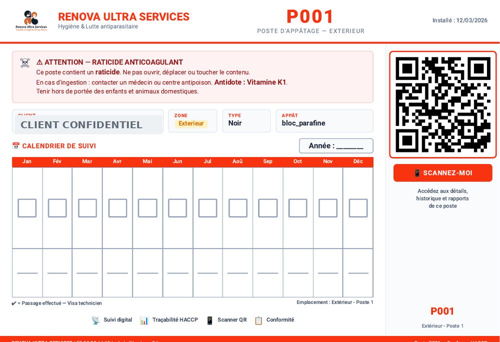 Fiche de poste d'appâtage à code QR Rénova Ultra Services : calendrier de visa mensuel, mentions de sécurité et antidote